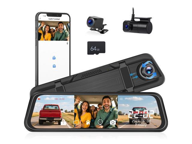 3 Channel 9.66'' WiFi Mirror Dash Cam with Front and Rear Camera IPS Touch Screen,Triple Rear View Mirror Camera with App Recording,64GB TF.