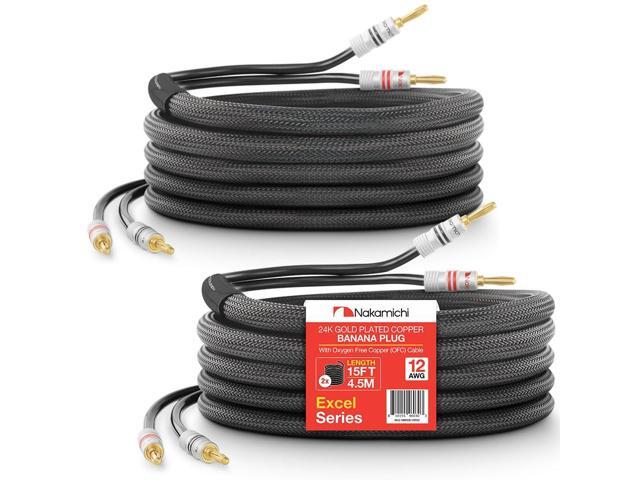 Excel Series 24k Gold Plated Banana Plug with (15 Feet) Speaker Cable Wire 99.9% Oxygen-Free Copper (OFC) Heavy Duty Braided in-Wall CL2 Rated -...