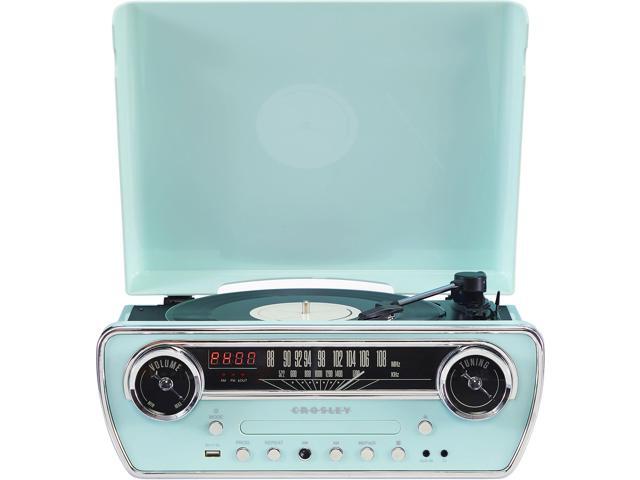 CR6047A-AB Powel 7-in-1 Bluetooth in/Out Vinyl Record Player with AM/FM Radio, CD Player, and Aux-in, Aqua Blue
