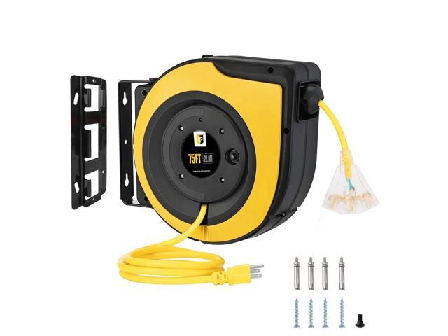 Retractable Extension Cord Reel,75 Feet 14 AWG/3C SJTOW Heavy Duty Power Cord,10 AMP Circuit Breaker, 3-Lighted Triple Outlets,Ceiling or Wall.