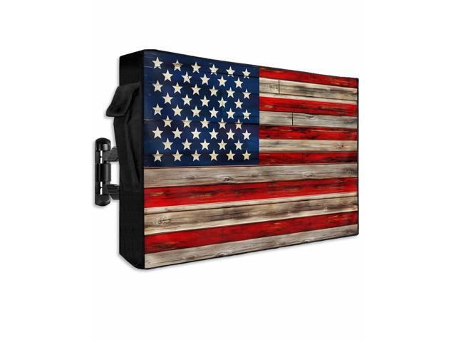 Rustic American Flag Outdoor TV Cover Waterproof & Weatherproof TV Covers with Roll Up Front Flat for 70-75 Inch, Red Blue Outside Zipper TV Screen.