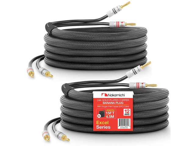 Excel Series 24k Gold Plated Banana Plug with (15 Feet) Speaker Cable Wire 99.9% Oxygen-Free Copper (OFC) Heavy Duty Braided in-Wall CL2 Rated -...