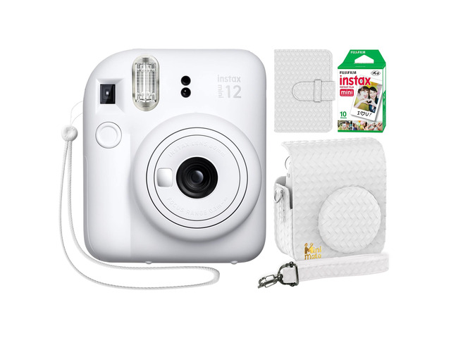 Instax Mini 12 Instant Camera Clay White + Minimate Custom Designed Case + Fuji Instax Film 10 Sheets & Photo Album