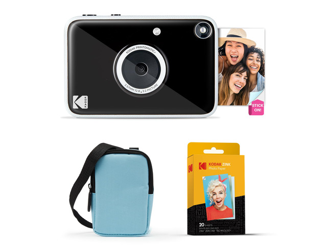 Printomatic+ Instant Print Digital Camera Starter Bundle + Carrying Case (Blue) + Zink 20pk Sticky-Back Photo Paper - 10MP, Full-Color Photos, GB...