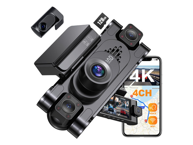 4K 360° Dash Cam for Cars, 4 Channel Front Rear Inside with 128GB Card, Super Night Vision, Fastest 5.8GHz WiFi GPS, Voice Control, 24/7 Parking...