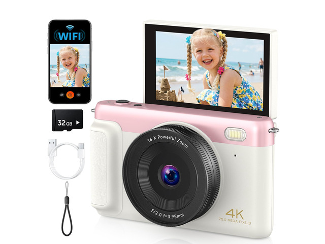 4K Digital Camera with Flip Screen, Pink, Compact Camera for Photography Auto Focus, Built-in WiFi, 16x Digital Zoom, 2500mAh Battery, 32GB SD...