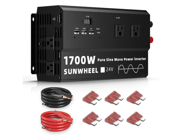 1700W 24V Pure Sine Wave Inverter, 24V DC to 110V/120V AC Power Inverter for RVOff GridTruckPower Outage with 4 AC outlets and LCD Display
