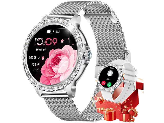 Smart Watch for Women Diamond, Bluetooth Calls, 1.32-inch HD Screen Round Fitness Tracker with Menstrual Cycle/Sleep/Heart Rate Monitor, 100+...