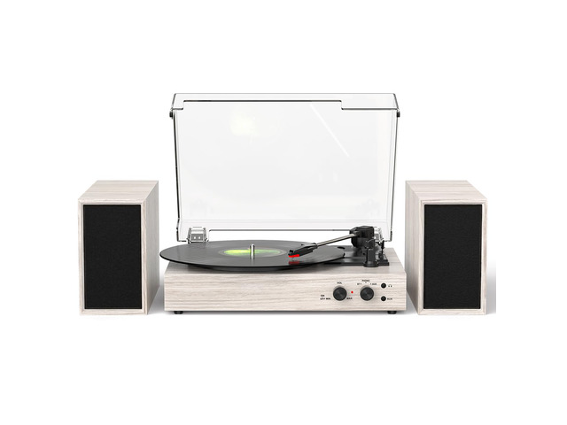 Vintage Vinyl Record Player with External Stereo Speakers, 3-Speed Belt-Drive Turntable with Bluetooth Input, USB to PC Recording, Auto Stop, RCA...