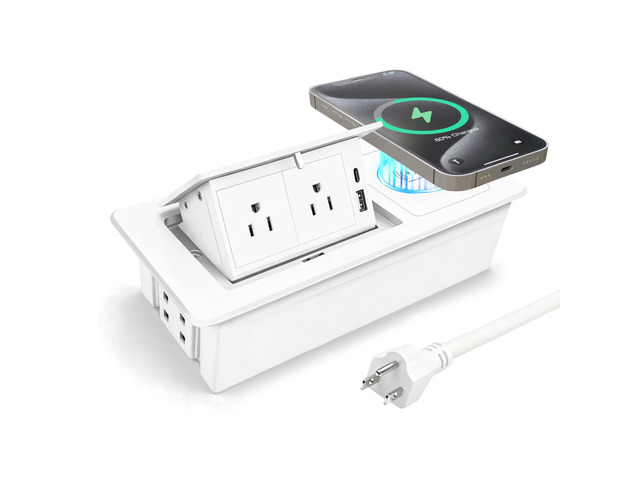 Conference Table Power Hub 15W Wireless Charger and PD20W Type-C Fast Charging, Pop up Outlet Desktop Connection Box with 2AC Outlets and USB Ports...