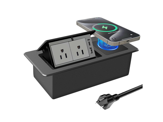 Conference Table Power Hub 15W Wireless Charger and PD20W Type-C Fast Charging, Pop up Outlet Desktop Connection Box with 2AC Outlets and USB Ports...