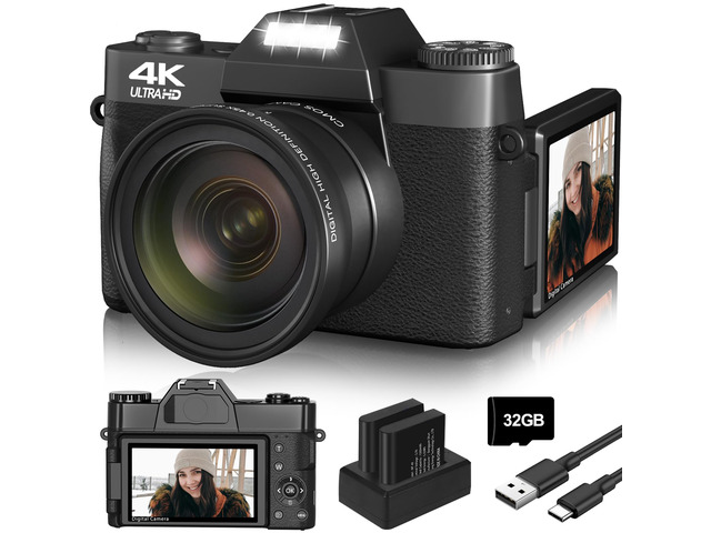 4K Digital Camera for YouTube Vlogging - 56MP 16X Zoom Manual Focus Compact Photography Camera With 52mm Wide-Angle & Macro Lens, 32G TF Card and 2...