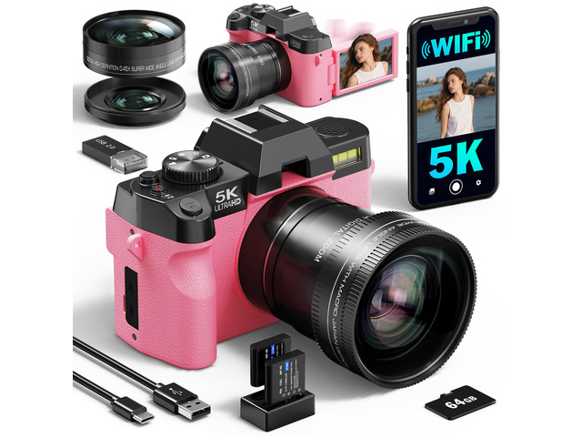 5K & 64MP Digital Cameras for Photography & Video, Vlogging Camera for YouTube, Compact Camera with 64GB TF Card, WiFi,and Wide-Angle & Macro Len,...