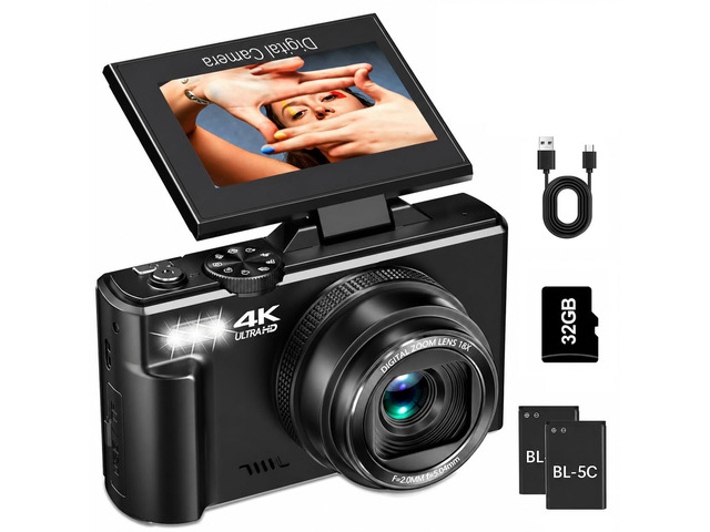 4K Digital Camera for Photography, 64MP Vlogging Camera for YouTube Point and Shoot Camera with WiFi Sharing, 18X Digital Zoom, 3' 180° Flip...