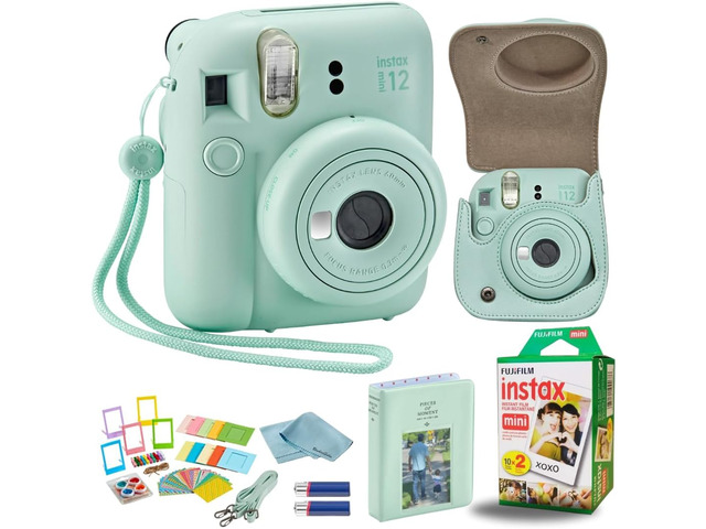 Instant Mini 12 Camera + Accessory Bundle & Custom Case + Fuji Instant (20 Shots) Designer Mini Photo Album (60 Pockets) (Mint Green)