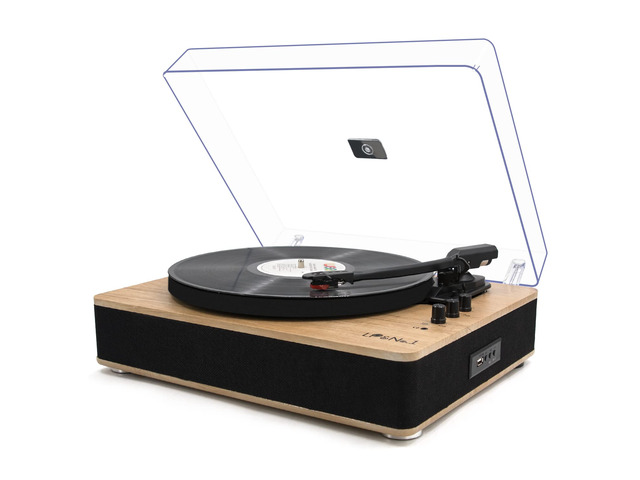 Vinyl Record Player 3-Speed Belt-Drive Turntable with Stereo Speakers and USB Play & Recording (Light Wood)