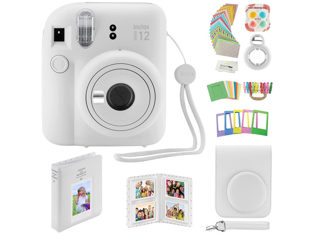 Instax Mini 12 Instant Camera with Case, Decoration Stickers, Frames, Photo Album and More Accessory kit (Clay White)