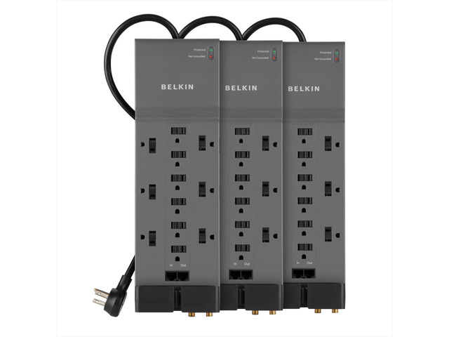 12-Outlet Power Strip Surge Protector with 10-Foot Cord and Telephone, Ethernet, Coaxial Protection, BE112234-10, Gray -(Pack of 3)