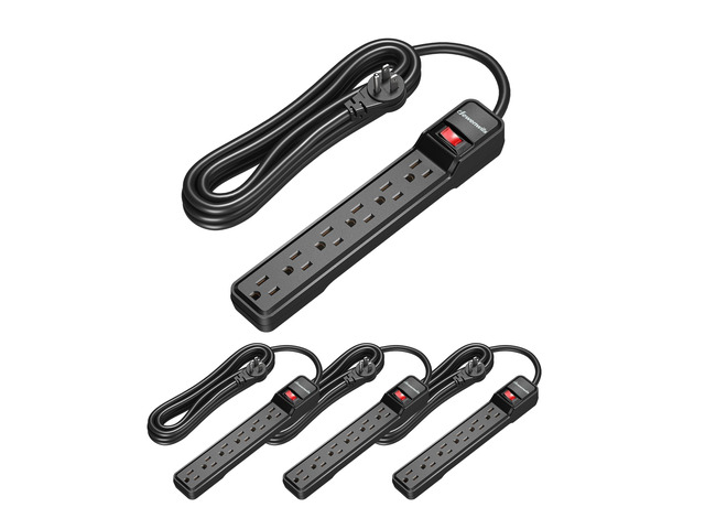 15 Foot Long Power Strip, 4 Pack 6-Outlet, 15 Amp Circuit Breaker, Low Profile Flat Plug, Surge Protector for Office, Living Room, Bedroom, Wall...