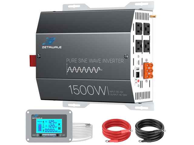1500W Pure Sine Wave Inverter 12V DC to 110V/120V AC Converter, 3000W Peak, LCD Remote Control, 4 AC Outlets, USB & Type-C for RV, Truck, Camping,...