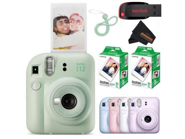 Instax Mini 12 Instant Camera Mint Green with Sandisk 32 GB USB Flash Drive + 40 Sheets Instax Mini Film and Sunshine Photo Microfiber Cleaning...