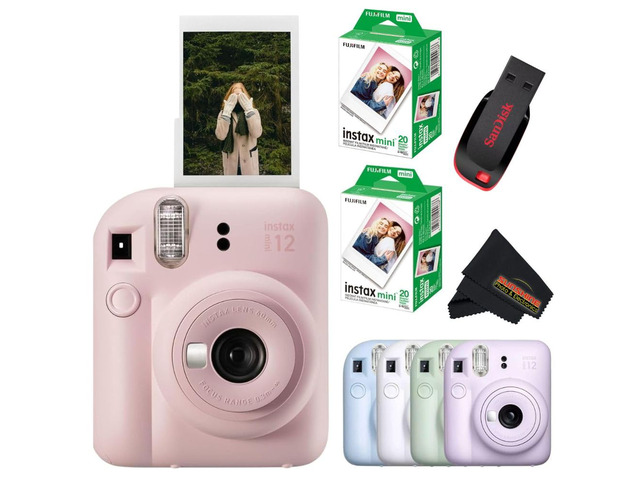 Instax Mini 12 Instant Camera Blossom Pink with Sandisk 32 GB USB Flash Drive + 40 Sheets Instax Mini Film Bundle, Sunshine Photo Microfiber...