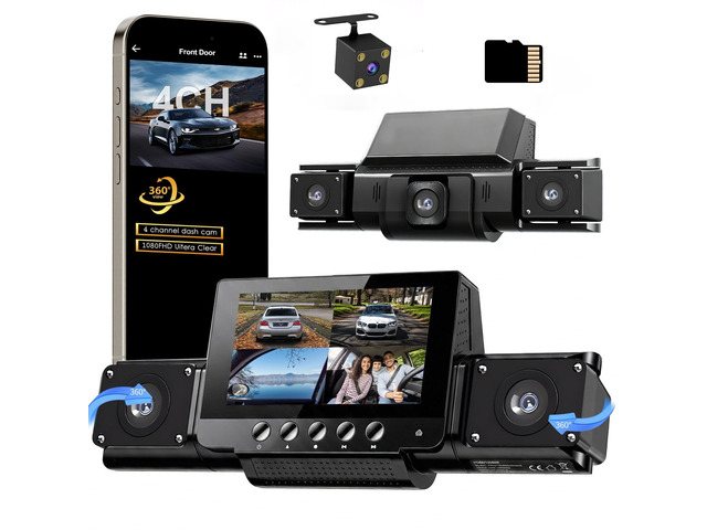4 Channel Dash Cam Front and Rear with 360° View for All-Round Protection, 4-Way Recording, Built-in 5G WiFi & GPS, APP Control, 8 IR LEDs, 24H...