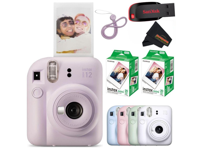 Instax Mini 12 Instant Camera Lilac Purple with Sandisk 32 GB USB Flash Drive + 40 Sheets Instax Mini Film Bundle, Sunshine Photo Microfiber...