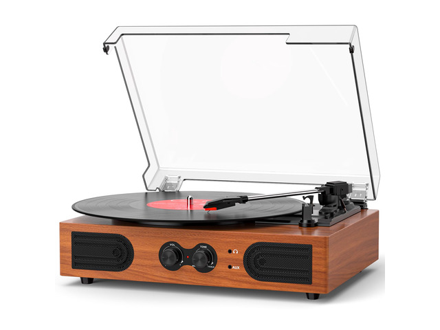 Vinyl Record Player with Built-in Stereo Speakers, 3-Speed Belt-Drive Turntable, Treble & Bass Control, RCA-Out/AUX-in, Headphone Jack Vintage LP...