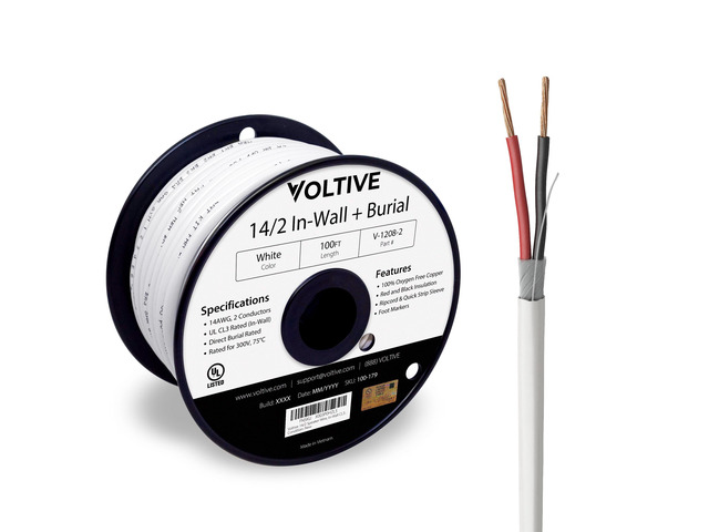 14/2 Speaker Wire, in-Wall CL3 & Direct Burial, White, 100ft - 14AWG, 2 Conductors, Stranded Oxygen-Free Copper, UL Listed - V-1208-2