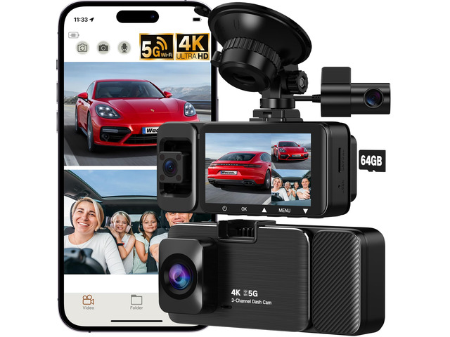3 Channel 4K Dash Cam, Dash Cam Front and Rear Inside 170°/150°/150° Wide Angle View, Dash Camera for Cars with 64GB Card Included, Loop Recording,...