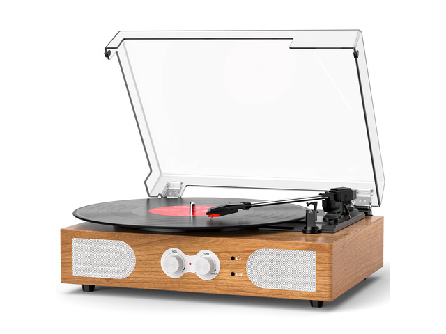 Vinyl Record Player with Built-in Speakers 3-Speed Vintage Record Player Support Treble& Bass Control, 3.5mm Headphone Jack, RCA-Out/Aux in,...