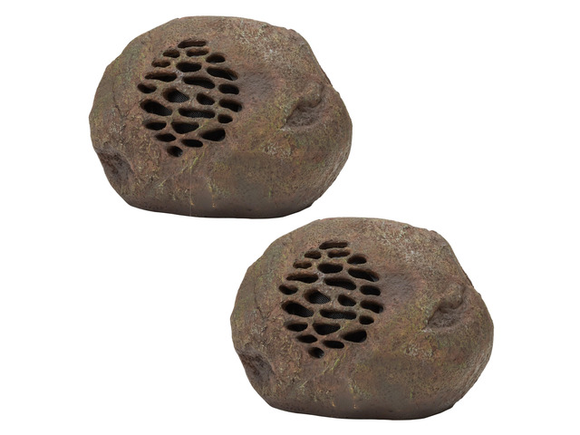 9' Tall Solar Bluetooth Rock Speaker, Weather-Resistant High Fidelity Outdoor Audio System with 50 Foot Range, Brown - Set of 2