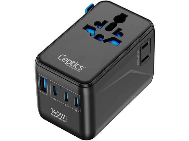 6 in 1 International Power Adapter with PD 140W USB-C, 1x USB-A, 3X Type C, Universal Input and 1x USA/JP Input with Type A, C, G, I Plug outlets...