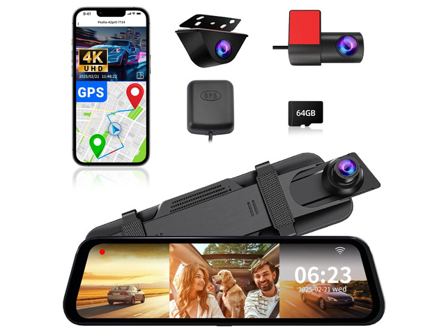 3 Channel Mirror Dash Camera, 4K/3K+2.5K/1080p+1080p Rear View Mirror Camera with GPS, APP Control, WDR Night Vision, G-Sensor, Loop Recording, 24...