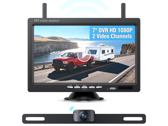 Wireless Backup Camera with 7 DVR Monitor for Trucks, 2 Channels, HD1080P Front/Rear View Camera with Night Vision, IP69K Waterproof, DIY Reserving...