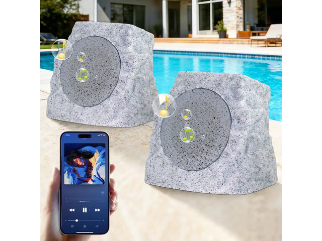 2-Pack Rock Speakers Outdoor Waterproof with RGB Color Lights Multi-Sync Up to 100 Speakers,Auto-Pairing,Solar-Powered and USB Charging for Patio...