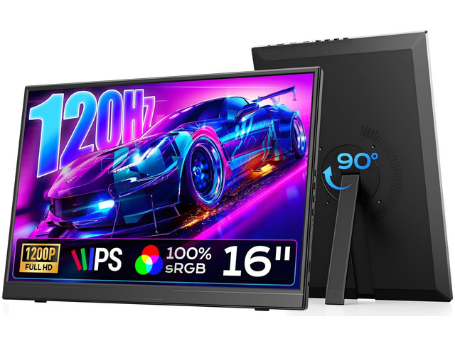 120Hz Portable Gaming Monitor 16' 1200P FHD 100% sRGB Portable Display with Adjustable Stand, USB-C & HDMI External Monitor & Travel Screen for...