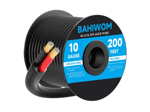 10 Gauge Speaker Wire 200 Feet CL3 Related CCA Black Cable with 2 Conductors for Outdoor Direct Burial Backyard Garden Home Car in-Wall Speaker