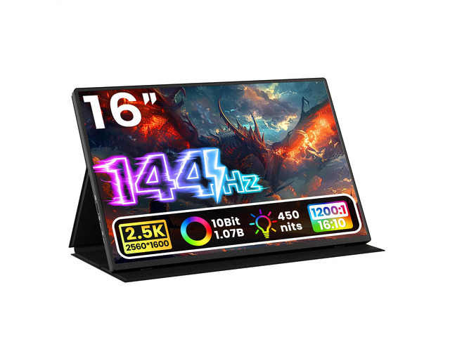 Portable Monitor 16 inch 2K QHD 2560x1600 106% sRGB, 144Hz USB-C, 120Hz HDMI, HDR Travel Monitor for Laptop Mac PC Surface PS5 Xbox, External...