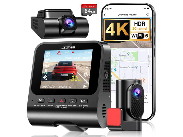 4K Dash Cam Front and Rear, HDR Night Vision Dash Camera for Cars 64GB Card 5.8GHz WiFi6 up to 20MB/s APP Control Dash Cams Built-in GPS, G-Sensor,...