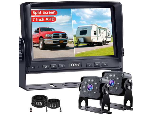 Dual RV Backup Camera for Truck - 7 Inch HD Split Screen Reverse Camera for Trucks, Easy Install, IR Night Vision, IP69 Waterproof - Rear Camera...