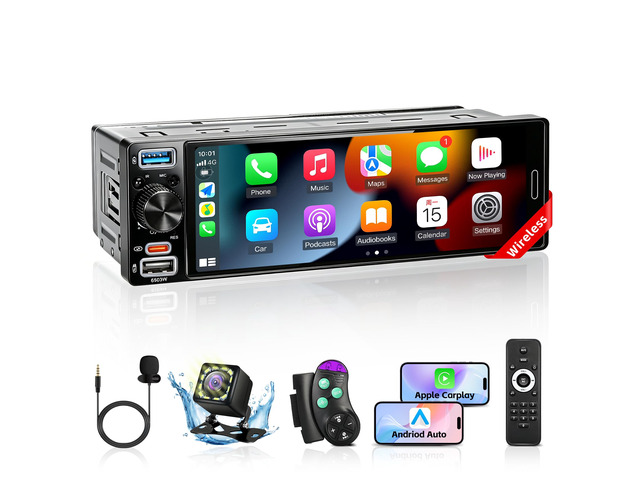 Single Din Radio Car Stereo with Wireless Apple Carplay & Android Auto, 6.5' IPS Touchscreen Car Radio with Bluetooth 1080P Backup Camera...