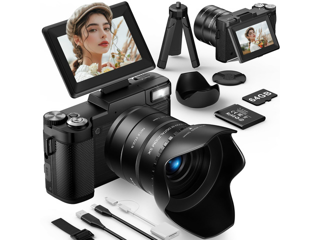 6K Digital Camera, 75MP Cameras for Photography with 8X Optical Zoom & Tripod, Anti-Shake Vlogging Camera with 3' 180° Flip Screen, 64GB Card, Card...