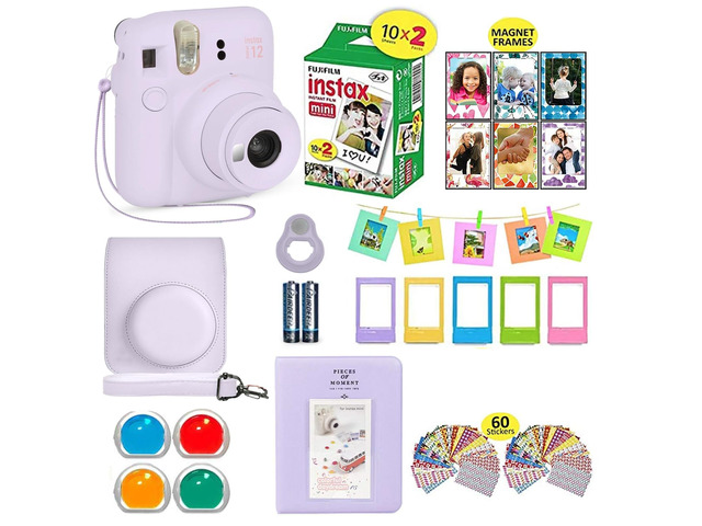 Instax Mini 12 Instant Camera Lilac Purple + Shutter Compatible Carrying Case + Fuji Film Value Pack (20 Sheets) + Shutter Accessories Bundle,...