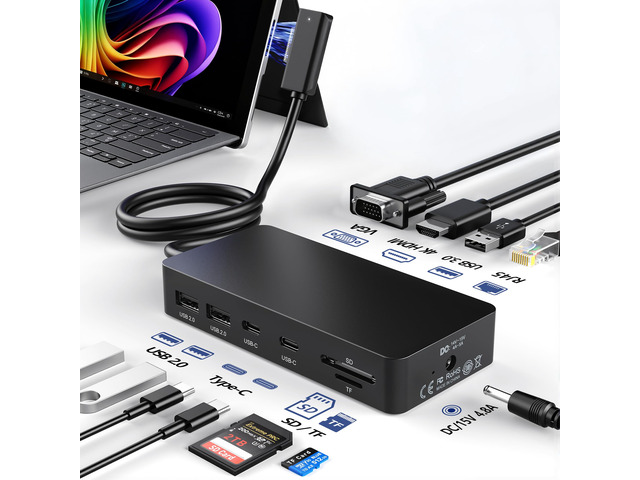 Surface Docking Station, 11-in-1 Triple Display (Surface +4K HDMI +VGA), USB-C/USB-A/SD/TF/Ethernet, Compatible with Surface Pro...