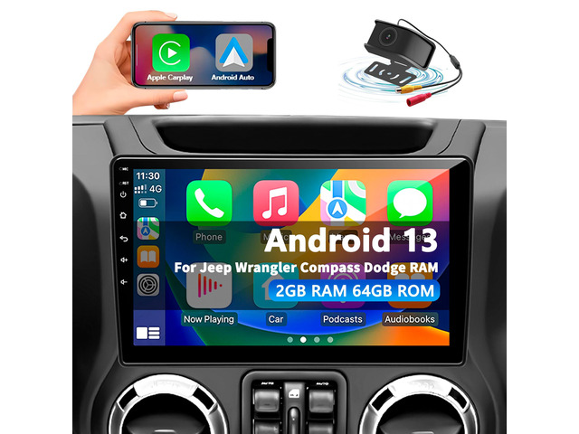Car Radio Stereo for Jeep Wrangler JK 2007-2018 Dodge Ram 1500 2500 3500 Grand Cherokee, Android 13 2G+64G with CarPlay Android Auto 10 inch...