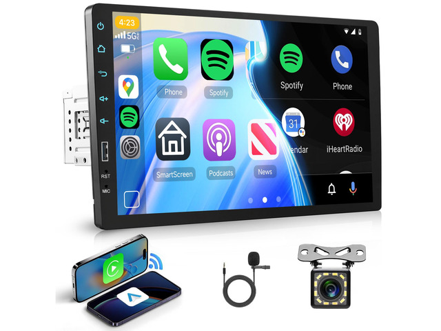 Single Din Car Stereo with Wireless Carplay & Android Auto-9 Inch IPS Touch Screen Radio with Bluetooth GPS, Mirror Link, FM Radio,SWC/USB/DSP+...