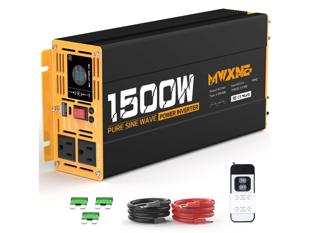 1500W Pure Sine Wave Power Inverter DC 12V to AC 110V 120V Converter with 2 AC Outlets, QC3.0 18W USB-A, PD30W USB-C Port Car Inverter with LCD...