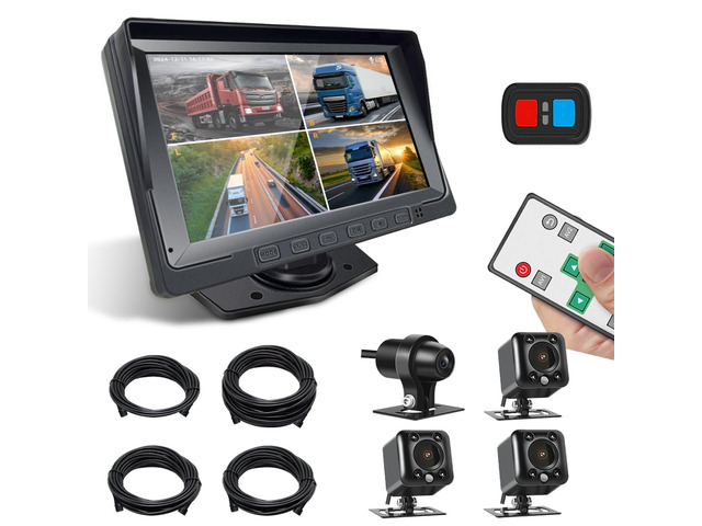X7H 4-Channel 720P Backup Camera & Dash Cam System, 7' LCD Quad Split Display with IP67 Waterproof IR Night Vision Cameras for Front Rear and Side...